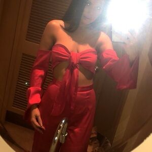 MESHKI red silk off-the-shoulder top and high waist pant set